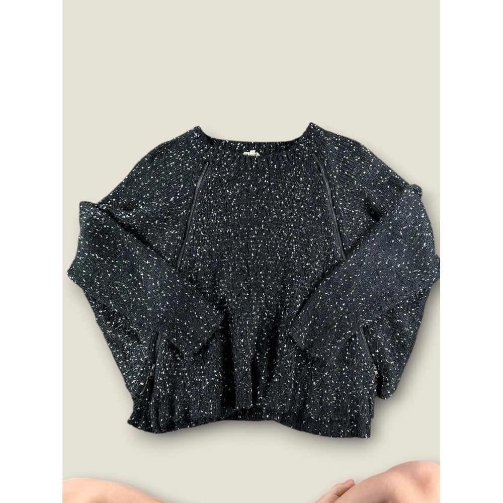 Hem & Thread Black White Speckled Confetti Knit Zipper Detail Sweater Womens M/L